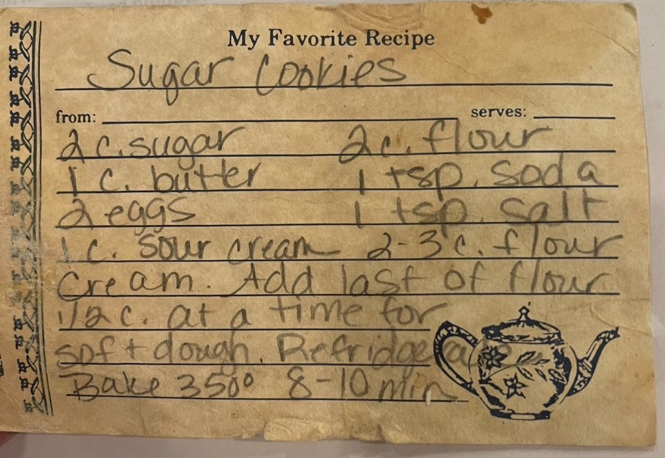 Handwritten sugar cookies recipe card