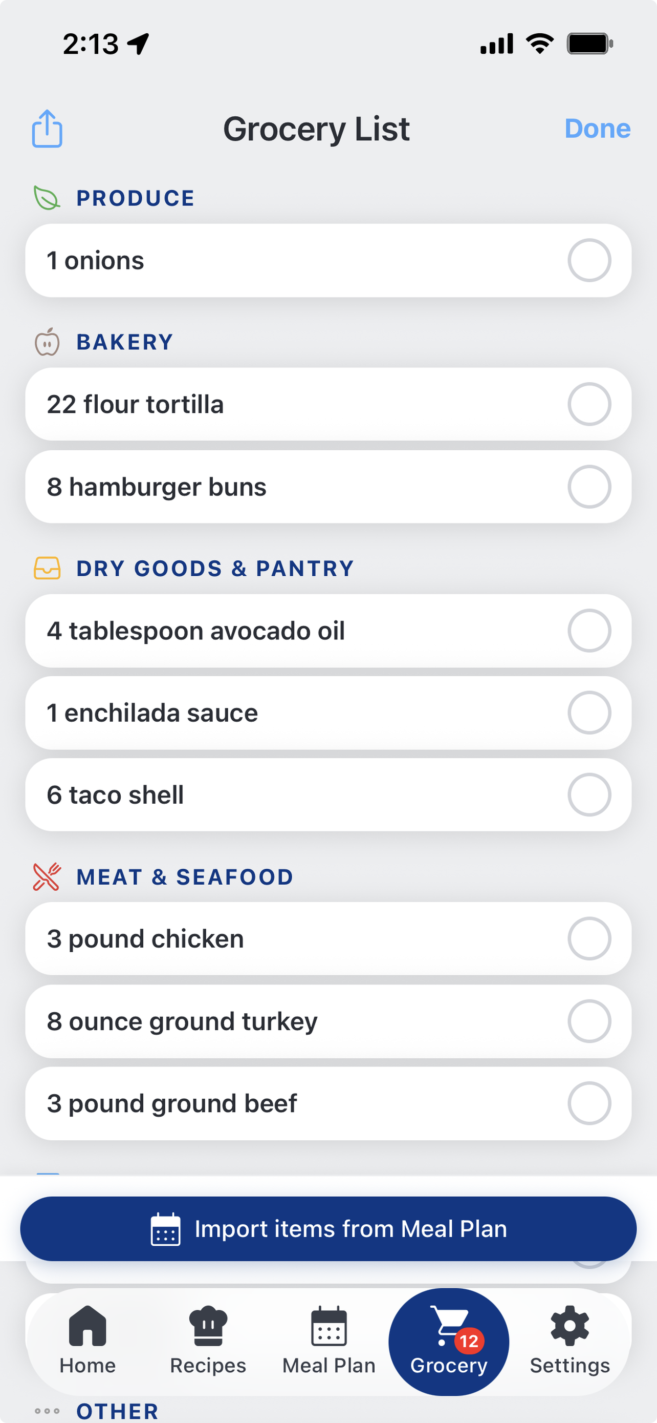 Calimento grocery list sorted by store aisle, with checkable items imported from the weekly meal plan