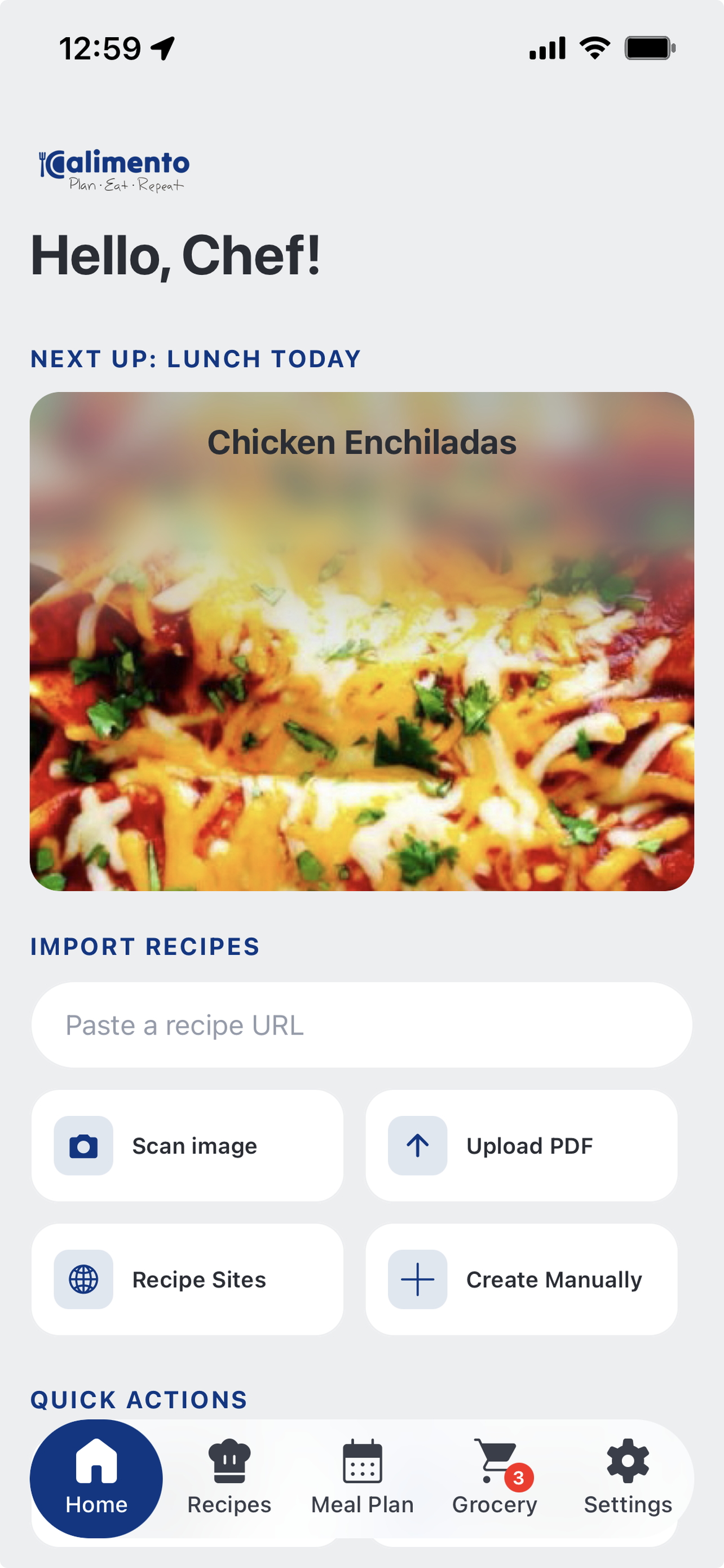 Calimento home screen showing tonight's planned dinner and one-tap recipe import options: paste a URL, scan an image, upload a PDF, or browse recipe sites
