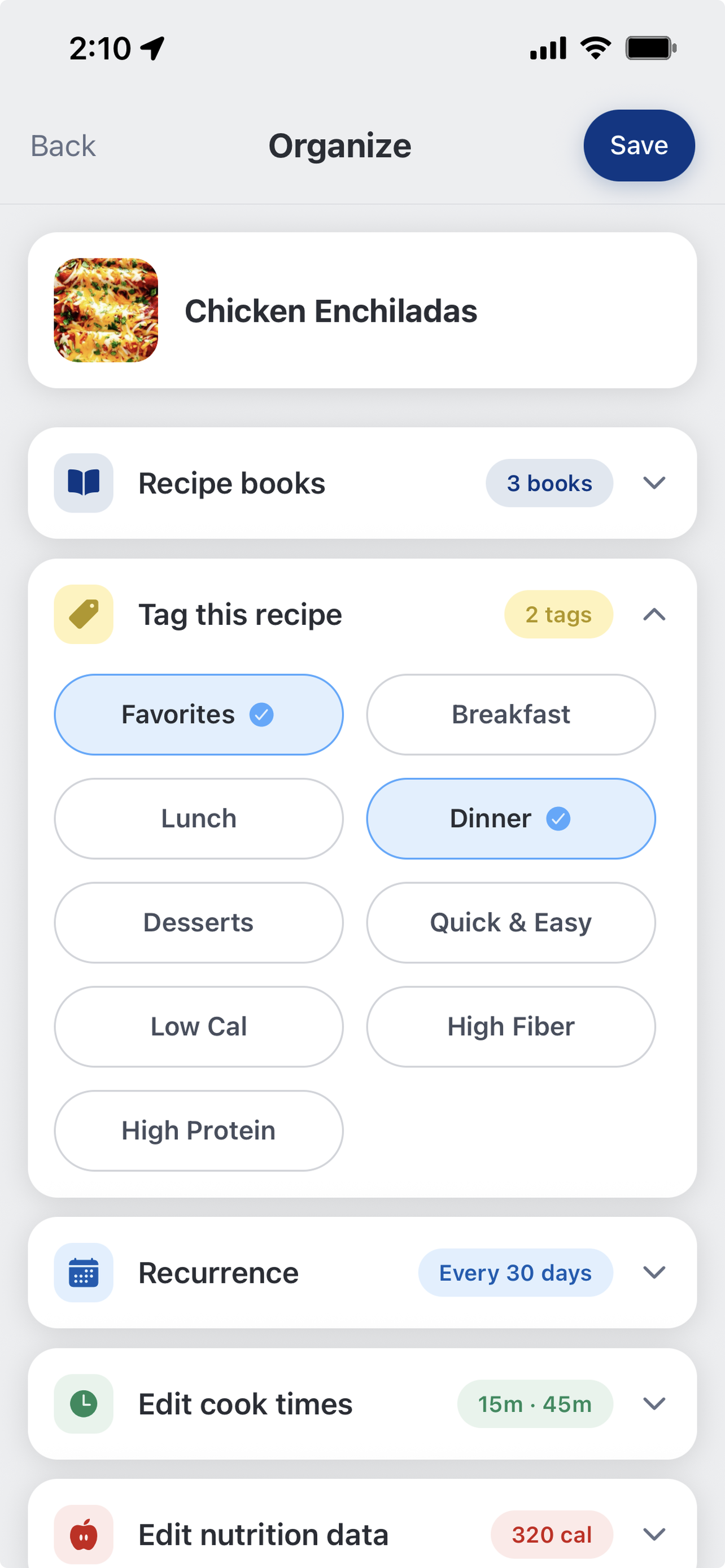 Calimento recipe organization screen with recipe books, meal tags, and recurring-meal scheduling for a saved recipe